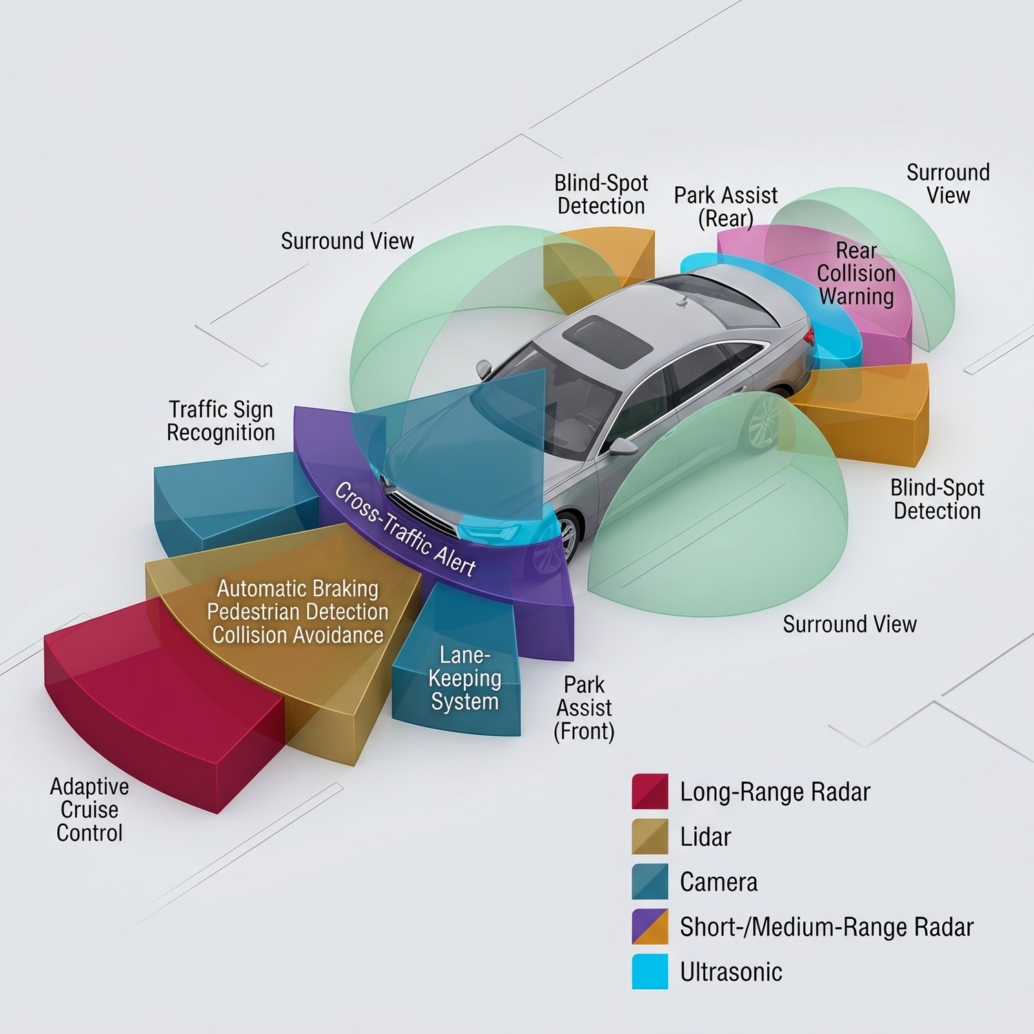 ADAS sensor diagram showing long-range radar, lidar, cameras, short- and medium-range radar and ultrasonic sensors around a car, covering adaptive cruise control, lane keeping, blind-spot detection, park assist, cross-traffic alert and collision warning