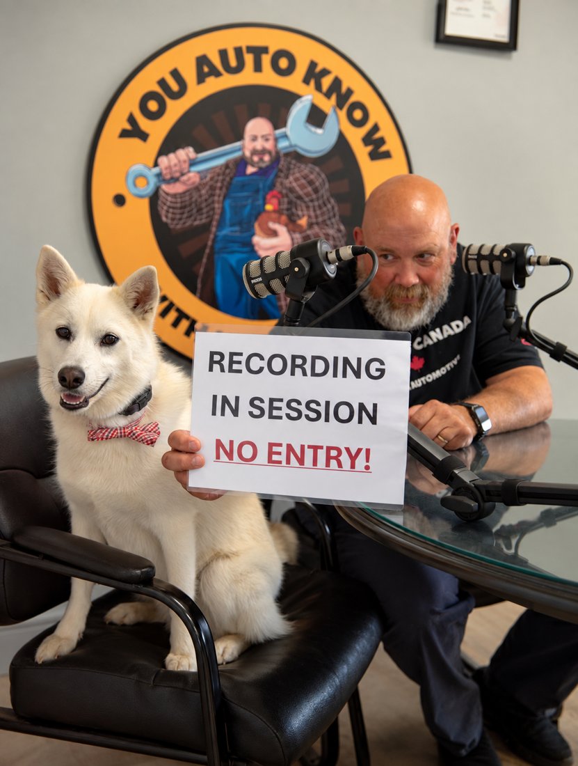 Mike Urban recording the You Auto Know podcast with Kkochi, Urban Automotive's Head of Security, in the Oakville studio